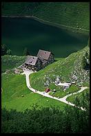 View of chalet and lake near Hoher Kasten
