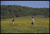 Fatima and Hanah play aerobie in the fields at Irchel